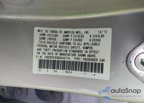 2013 Honda Accord Ex-L z USA, uszkodzony, nr VIN 1HGCR2F89DA045774